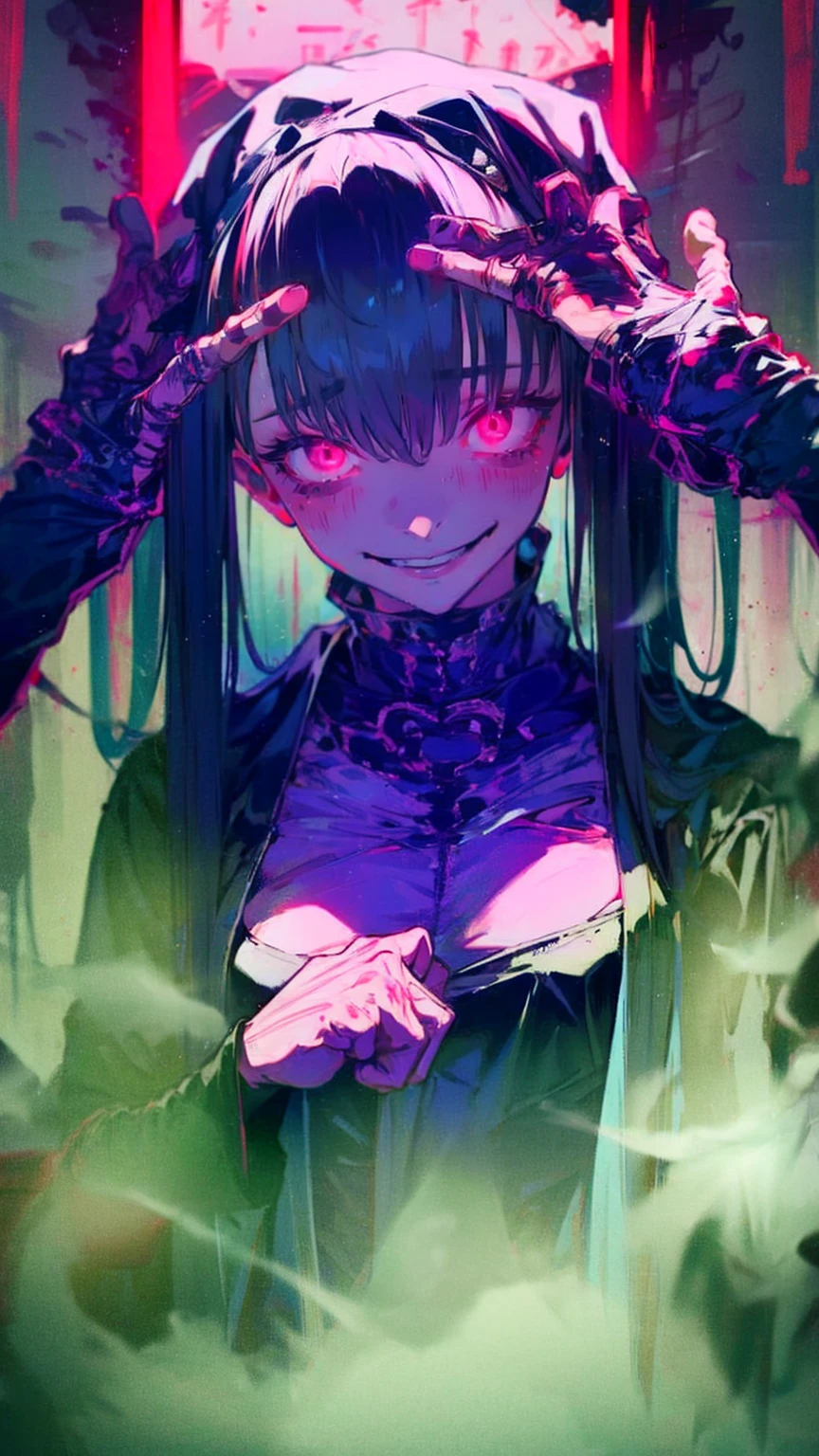 [Scared, parallel, Torn cloth,  dark, fog深い, fog,   one girl , expensive,  creepy,   horror, wide  creepy smile,   red glowing eyes ,   point it out to the audience   ,
