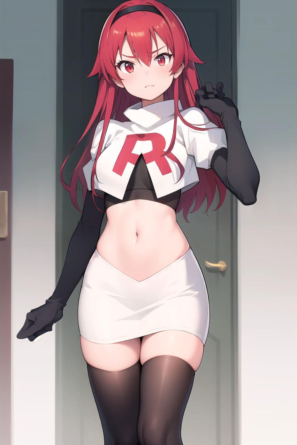(masterpiece:1.3), (absurdres:1.3), (best quality:1.3),looking at viewer, tania-fi, dragon horns, dragon tail,  team rocket,team rocket uniform,white skirt,crop top,black thigh-highs,black elbow gloves,