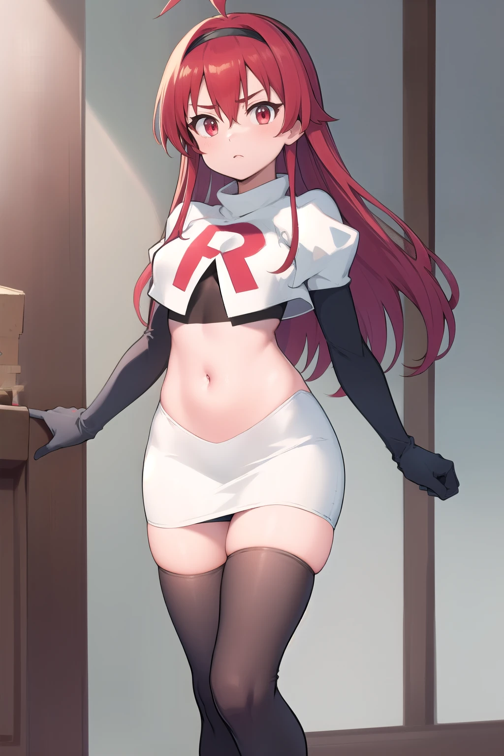 masterpiece, best quality, maou, horns,large breasts, looking at viewer, shiny skin, team rocket,team rocket uniform, red letter R, white skirt,white crop top,black thigh-highs,black elbow gloves