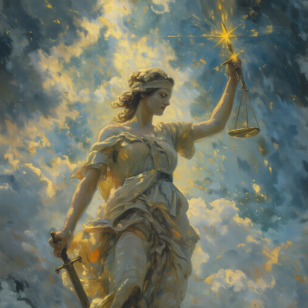 Lady Justice in a white tunic holds a golden sword in her right hand, high above her head. She holds a libra in het left hand, waist high. Her eyes are covered by a blindfold a blindfold. God rays shine on her head.
Epic. Dramatic. Lyric. Clouds in the background. Ominous sky. Like heaven.