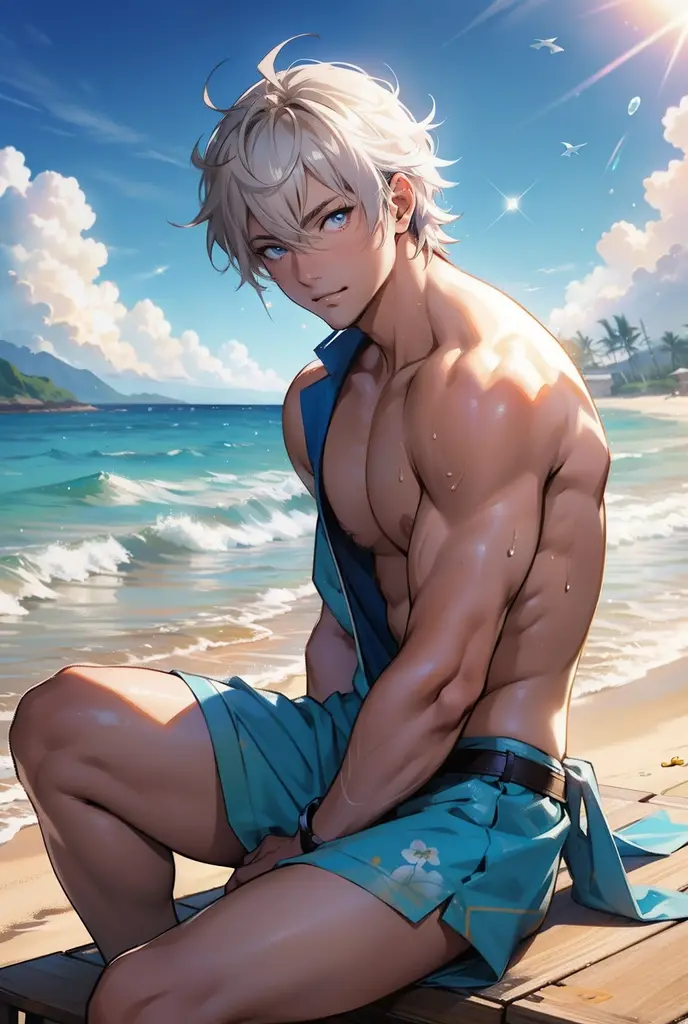 absurdres, highres, ultra detailed, HDR) master piece, best quality, Umemiya Hajime, white hair, slicked back, expressive blue eyes, windbreaker, solo, sexy man, handsome, toned chest, topless, sensual, black tight shorts, sea, beach, sunset