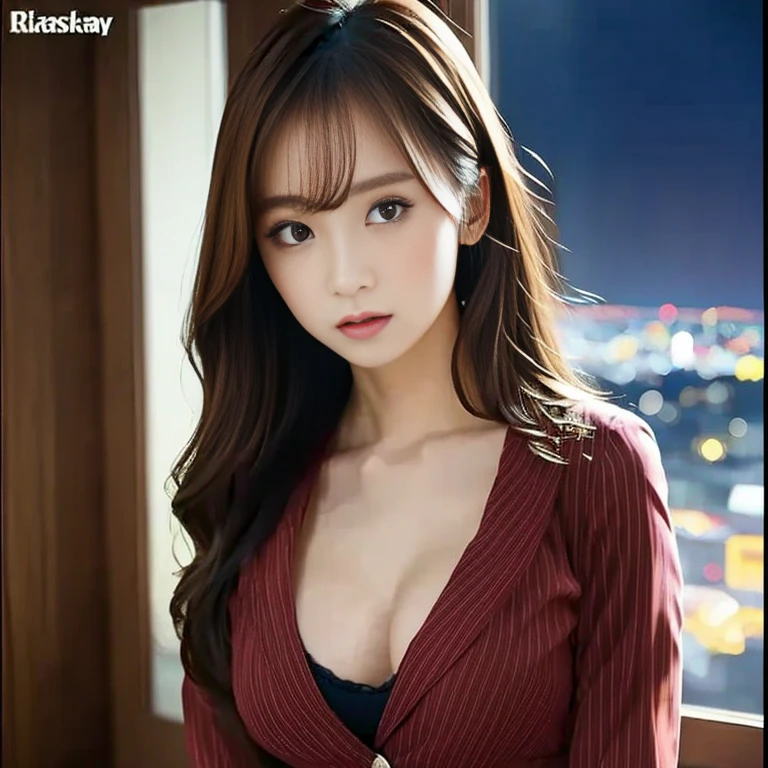  the $1 million night view of Kobe seen from a mountain observatory、 Japanese Women、Age 25、Hostess、 elegant wavy hair 、Blonde、Wear a cabasuit 、Medium 、 Bust up shot 、 for a slender figure、