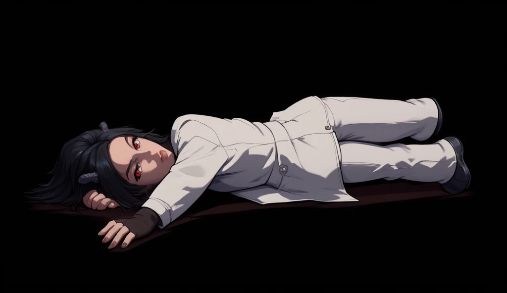 girl, red eyes, white tight jeans pants, short white coat, black shirt, black hair, very little black horns, long hair, pantyhose on the body, Modern Anime Style, High Definition, Ultra Details, Fantasy Modern World, HD, flat brown color background, Lying on the ground dead