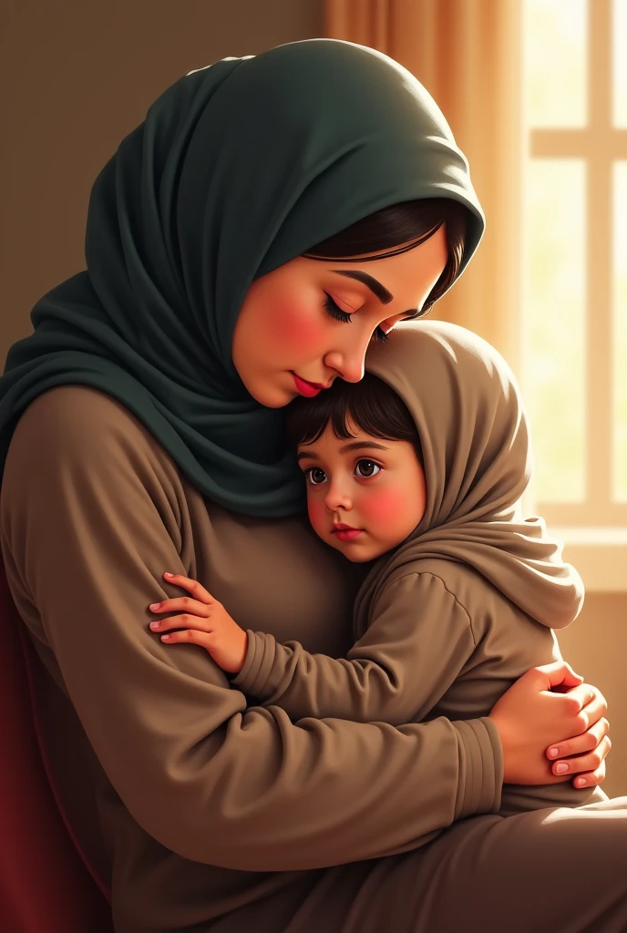 A Muslim girl standing behind her Muslim mother who is massaging her shoulders