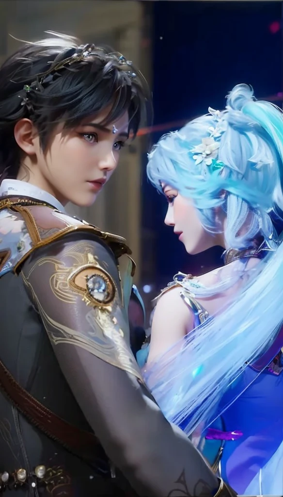 Hyperreal，Highest quality，detail，8k，masterpiece，(1 male and female couple:1.5)，(Light Boy and Dark Girl)，indifferent，Two contrasting people，indifferent，Respect each other，Kind，BREAK Bright Boy，(short hair，Black gradient:1.3，Bright colors)，(Purple Eye), Transparent gloss，Mirror-like reflection，Gloss，BREAK Dark Girl，(Braided ponytail，White-purple gradient:1.3，Long hair)，(Purple Eye), opaque，No shine，Dream rainbow，BREAK Neon light，Network data space，Dynamic perspective，Dream rainbow, High guess，Intense colors，Anatomically correct，1yj1