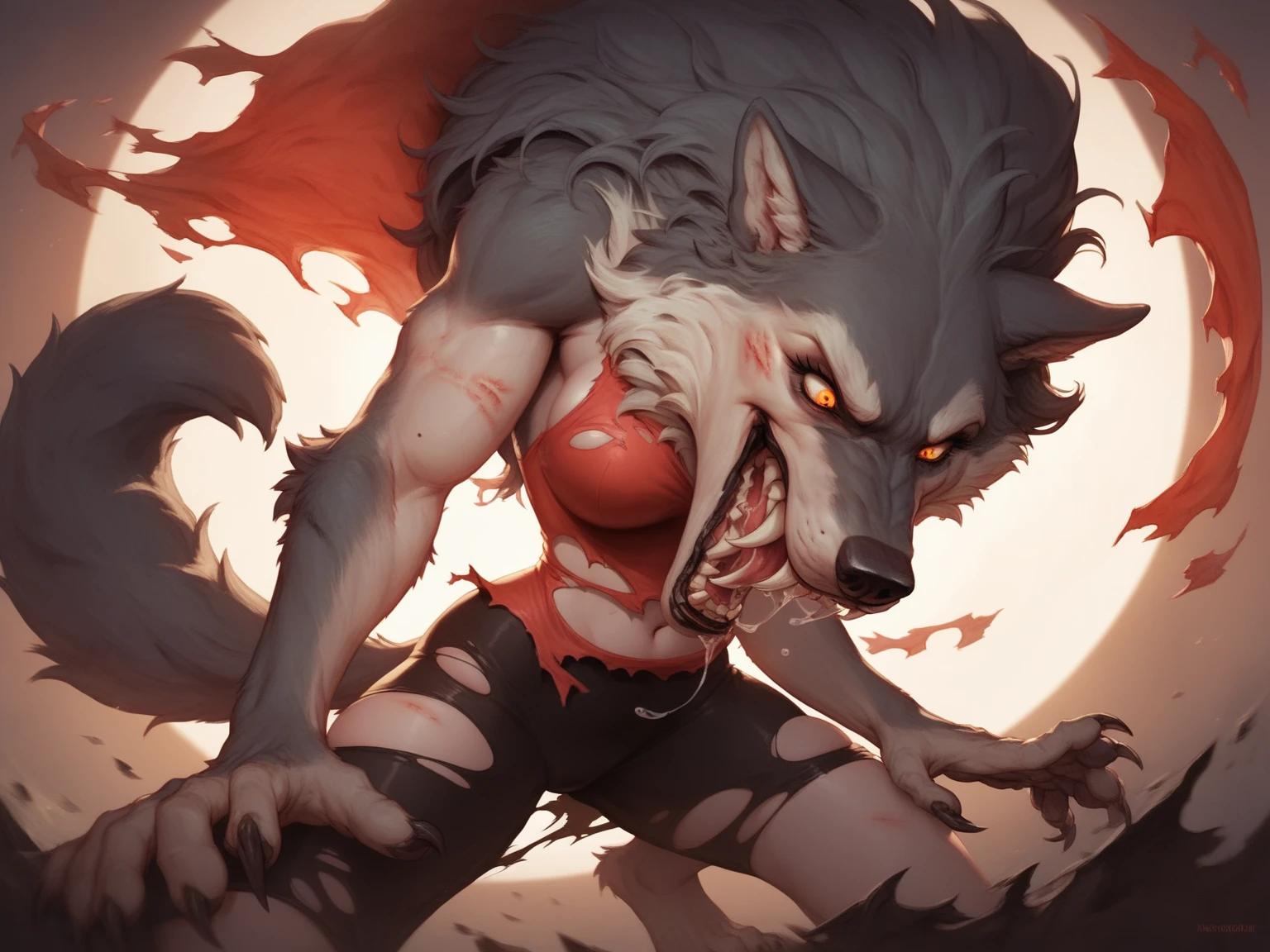 arafed woman with a bloody face and red hair is in a body of mud, a very beautiful berserker woman, angry high moral sexy werewolf, deviantart artstation cgscosiety, inspired by Ryan Barger, cat girl, feral scene, female anthropomorphic wolf, furry fantasy art, by Shen Zhou, fan art, cgsociety contest winner!!!