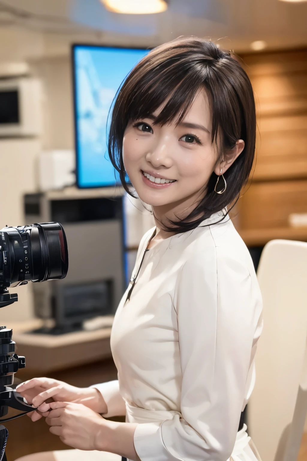 ( top quality, 8k, 32K, Masterpiece, ultra high definition:1.2), cute Japanese girl , Short Black Hair ,Breaking the news、bangs,
Thin Waist, TV Studio 、 announcer、Live broadcast、Nama-mister.々 Camera Angle、Smiling at the camera、