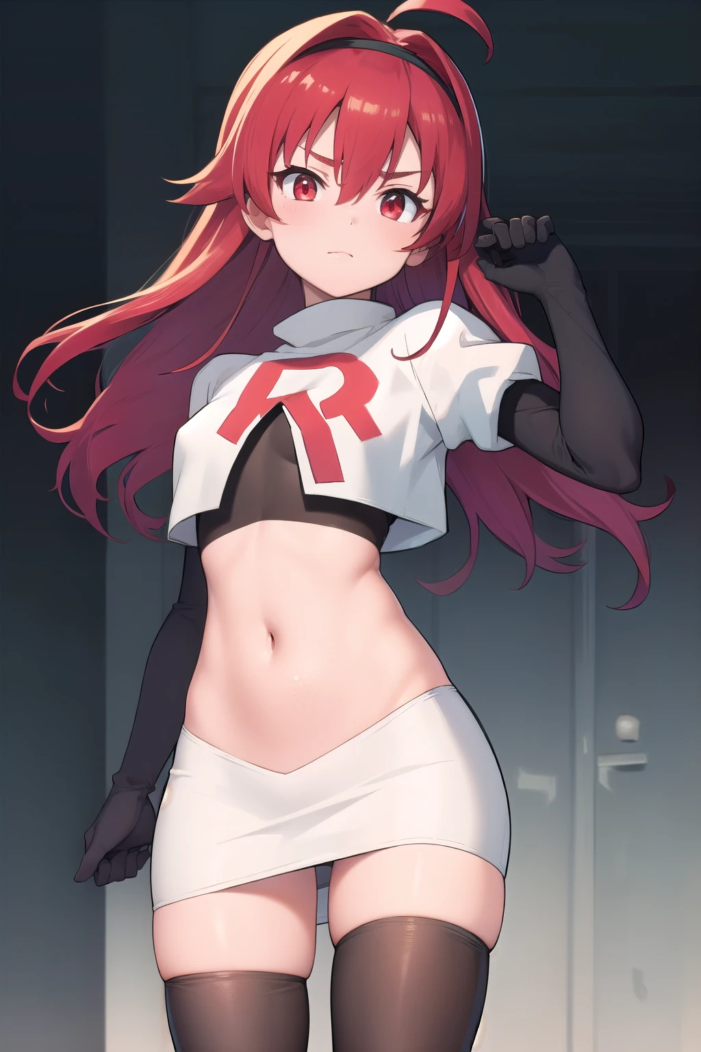 scathach, scathach, long hair, purple hair, (red eyes:1.5),
BREAK team rocket,team rocket uniform,white skirt,red letter R,crop top,black thigh-highs,black elbow gloves
BREAK looking at viewer,
BREAK (masterpiece:1.2), best quality, high resolution, unity 8k wallpaper, (illustration:0.8), (beautiful detailed eyes:1.6), extremely detailed face, perfect lighting, extremely detailed CG, (perfect hands, perfect anatomy),