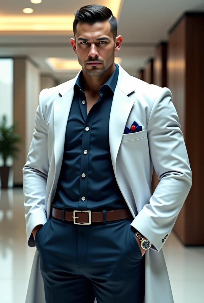 A handsome and sexy man wearing a casual white short and blue suit,and formal pant, , he has gorgeous face,and stylish black hair, and short beard, he is sitting in a cafe, homoerotic, nsfw ,open legs, alluring pose, wet pussy, wet crotch,wet pant