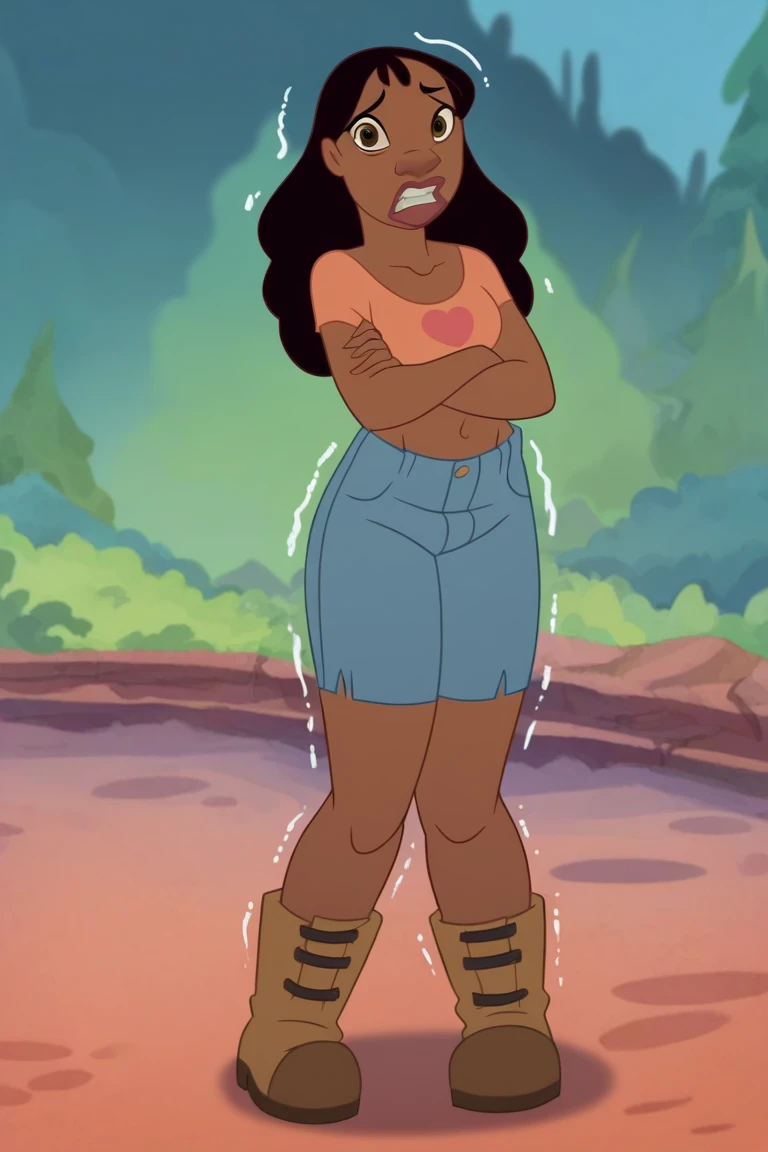 score_9_up, score_8_up, score_7_up, 1girl, solo, n4niP, dark-skinned female, brown eyes, black hair, crop top, shorts, looking at viewer, lips, boots, hips, legs bending, cold, shivering, shaking, snow background, High Resolution, Accurate, Best Quality, Anatomically Correct, HD, HD, Teeth, Frown, Embarrassed, Scared, Nervous, standing, knock-knees, crossed arms,