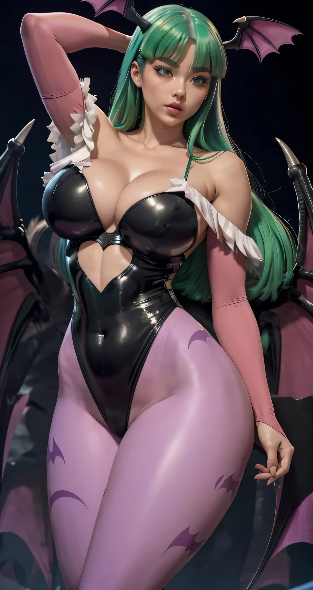 (Sex with an orc in the office), An Orc Infiltrates a Girl, NSFW, side-view, morrigan_aensland_aiwaifu,green_eyes,green_hair,breasts,bangs,demon_girl,head_wings,long_hair,wings,animal_print,pantyhose,bat_print,bat_wings,print_legwear,bridal_gauntlets,leotard,bare_shoulders,cleavage,large_breasts,black_wings,orange_gloves,thong_leotard,black_footwear,bat print,clothing_cutout,purple_wings,heart_cutout,low_wings,black_leotard,bat,highleg_leotard,purple_legwear,highleg,demon_wings,feather_trim,gloves,koakuma,cutout_above_navel,thighs,collarbone,