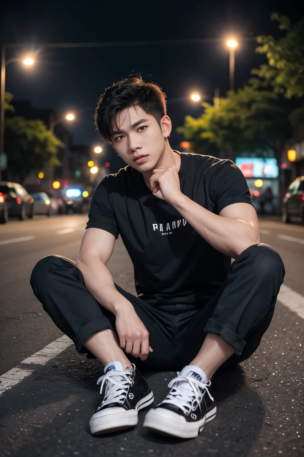 anime photo of a handsome Indonesian man aged 27 years wearing a black t-shirt, ripped trousers, Converse shoes. photo sitting in the middle of the street, city jungle, night with lights, facing the camera bokeh background, full HD, original, like anime
