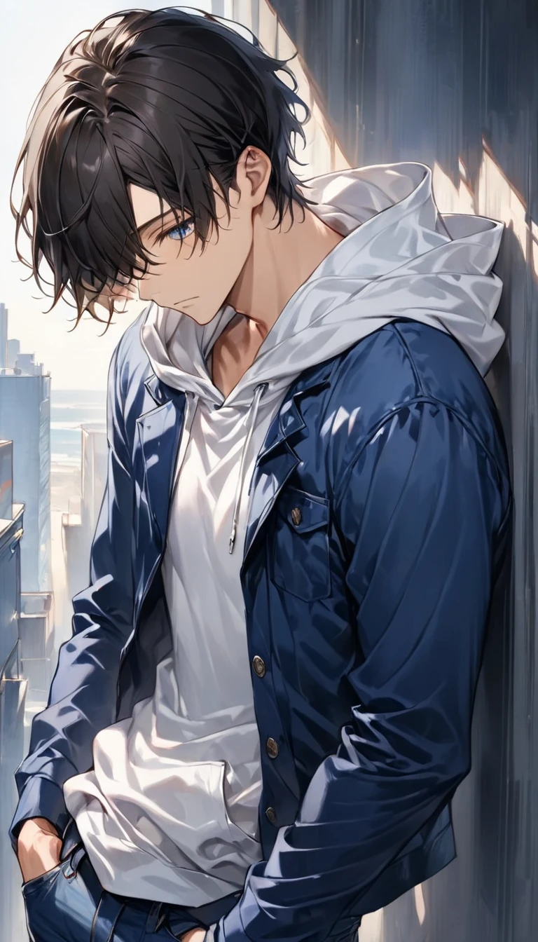  dark-haired young man"Asuka" , Face direction: facing diagonally downward  , What Yu can see ,clothing: wearing a white hoodie and blue jacket in jeans  , Look away