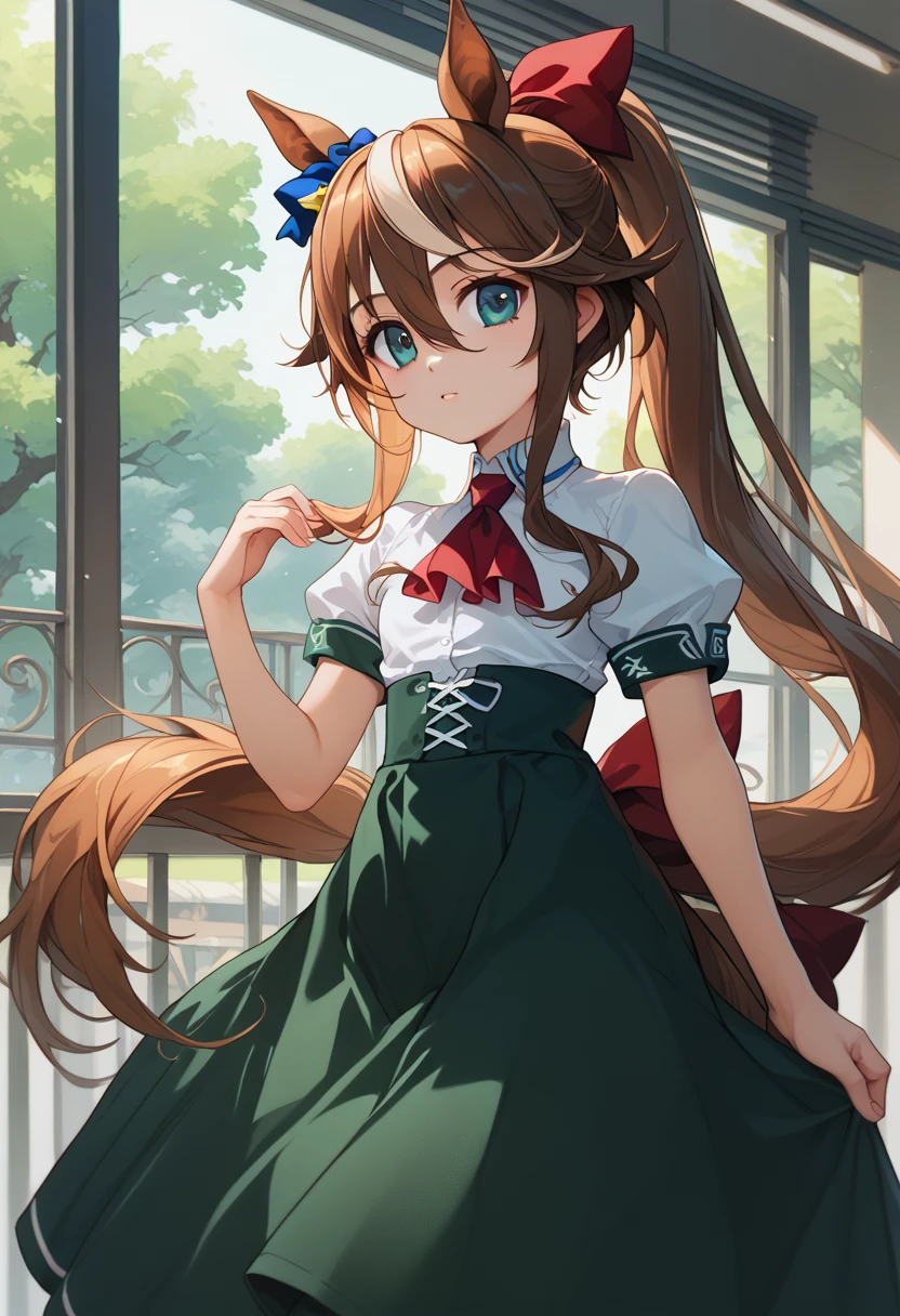 tokaidef, horse tail, long hair, hair flaps, high ponytail, hair ribbon, pink ribbon, animal ears, school uniform, red ascot, white shirt, puffy short sleeves, cross-laced clothes, high-waist skirt, green skirt