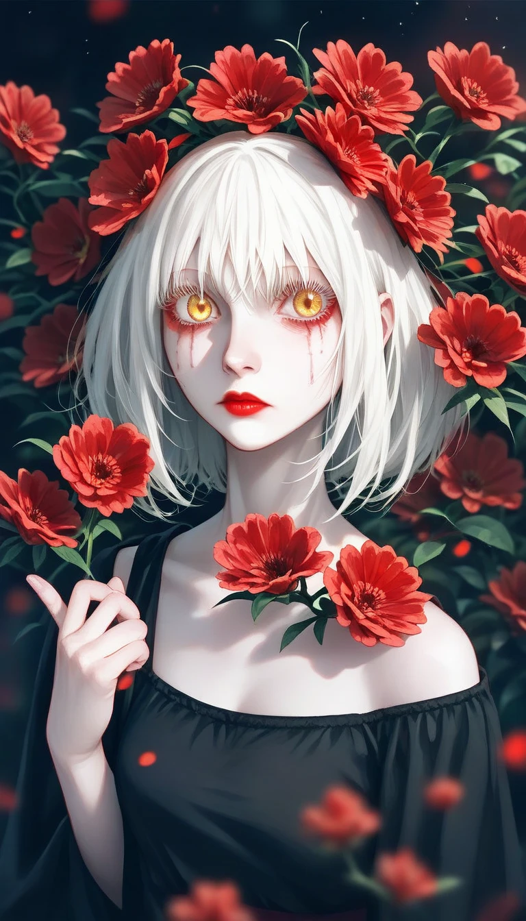 (( surreal illustration with slightly red flower heads:1.3)),(Black clothes),  one woman、Alone、  cute 18 year old、 (albino:1.4)、Slavic Women  、 ,  long white hair  ,  yellow eyes、I'm wearing a  , ((The flower head is slightly red  :1.4)). Innocent expression  . kind.(virgin),  expressionless、(  playful  :1.2).  mascara, Glass, Red lipstick,  dress, (  black pantyhose ), pumps. Masterpiece, (  very detailed:1.2),(  detailed faces and eyes :1.2), 8k wallpaper,  Moody Lighting. Core Shadow,  high contrast , Bokeh.