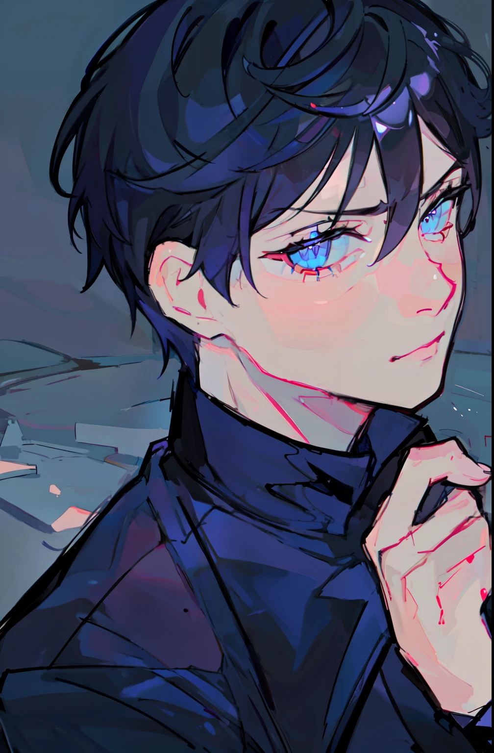 a good-looking man with short black hair, blue eyes, wearing a black shirt, black pants, and a black coat, holding a dagger in his hand, surrounded by purple flames, (best quality,4k,8k,highres,masterpiece:1.2),ultra-detailed,(realistic,photorealistic,photo-realistic:1.37),detailed eyes, detailed face, detailed portrait, dramatic lighting, cinematic, dark fantasy, moody