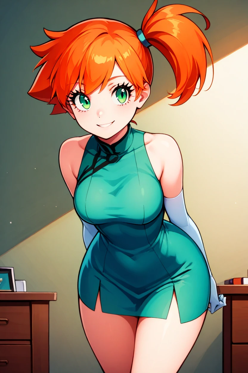 masterpiece, best quality, 32k, high resolution, absurdres, medium breasts, (curvy), cute, eyelashes,      vivid colors,   BREAK,  ,,, , ,,,  zzMisty, green eyes, orange hair, short hair, side ponytail, g0ld33n dress, white elbow gloves, smile, standing, facing forward, looking at viewer,   ,,,   bedroom