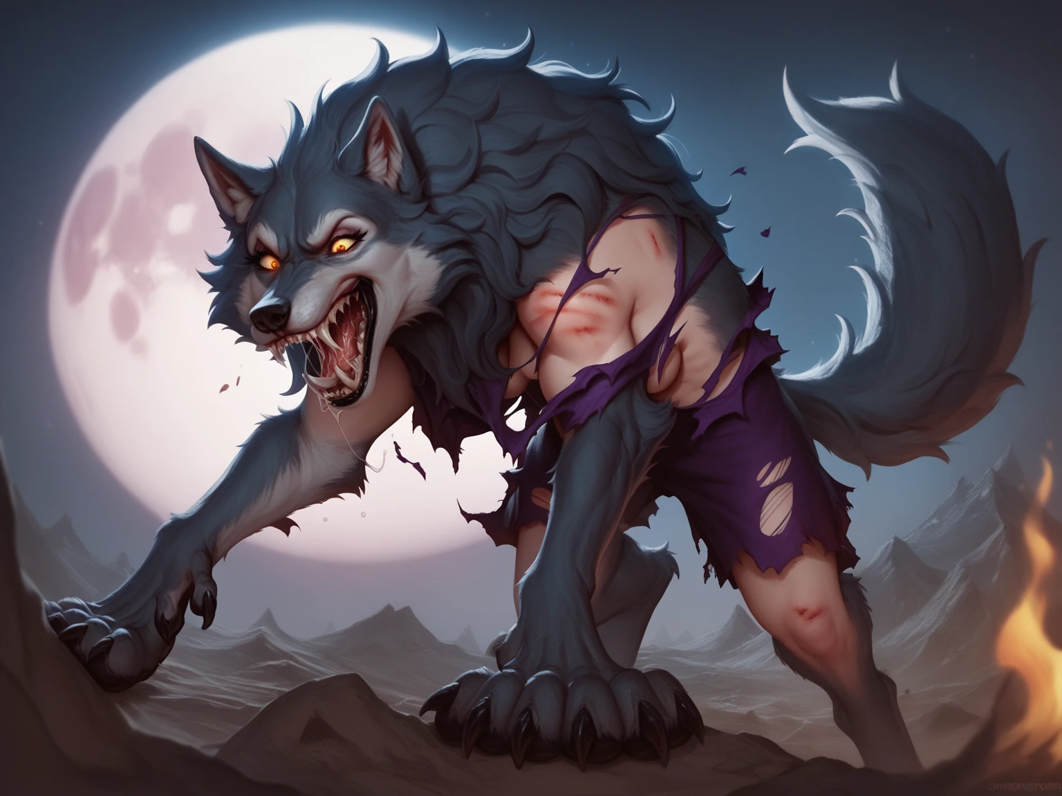 A werewolf with full-body attack expression howling at the full moon, simple high resolution background --auto --s2