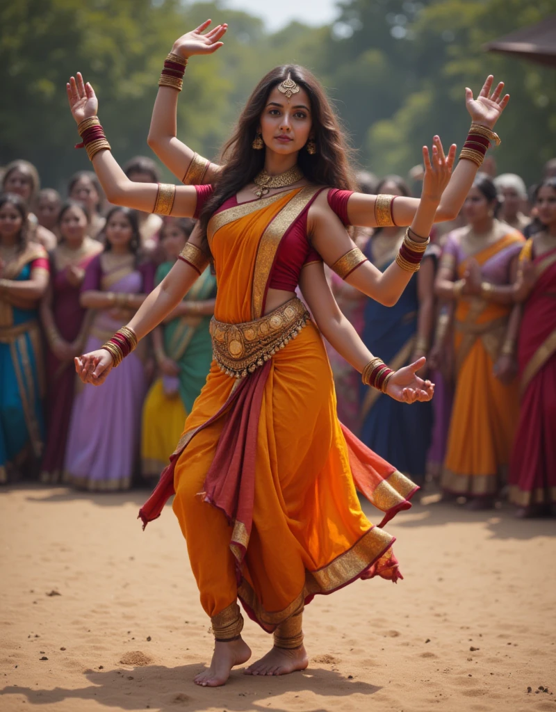 dslr photo, photograph, nikon, solo, 1girl, pretty woman, a four-armed young dancer woman is performing a traditional indian dance, she is wearing a sleeveless sari and has her skirt pulled up to show her bare feet, a crowd has formed in a circle around her and they are blurry in the background, (pretty indian woman), (zoomed out), full body view, the four-armed woman has her top arms raised high and her bottom arms are forming a pose, her long wavy hair is flowing behind her, (wide shoulders), (woman with four arms), (four arms), (four shoulders),  