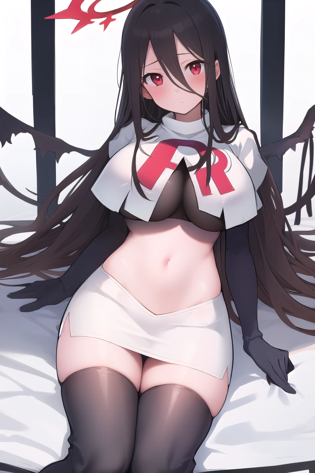 masterpiece, best quality, portrait, 1girl, long hair, brown hair, brown eyes ,team rocket,team rocket uniform, red letter R, white skirt,white crop top,black thigh-highs, black elbow gloves,