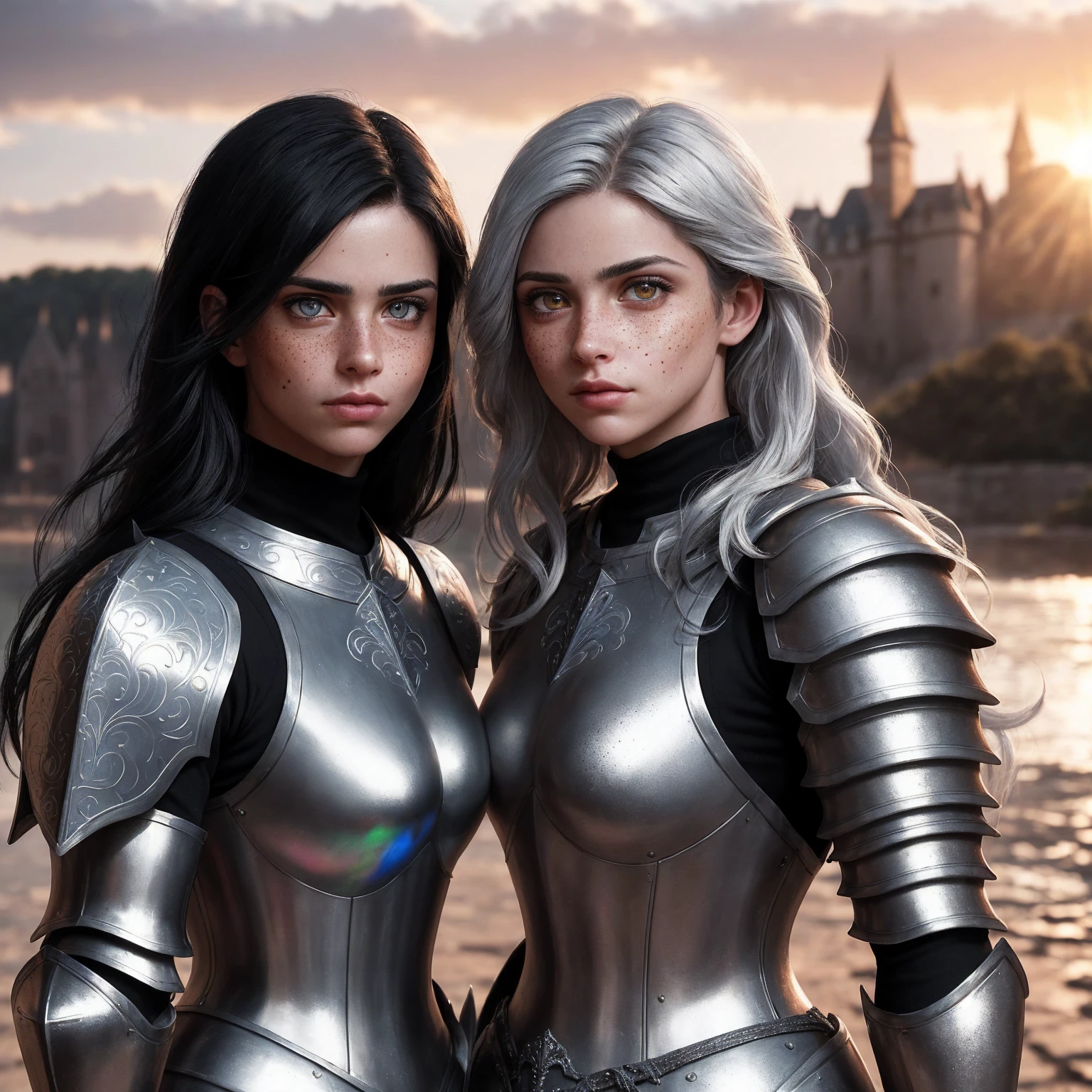 beautiful mature skinny viking girls in her 20's showing her weapons and kissing each other. One curly blonde one ringlets brunette hair, wide open mouth, extreme eyelids dark shadow make-up, red glossy lips, hypnotic bright eyes, wearing leather and armor viking outfits and helmets, long nails, sensual pose, sensual expression, ((slim, petite)), viking village and ocean background, sunny day, photorealistic, photo, masterpiece, realistic, realism, photorealism, high contrast, photorealistic digital art trending on Artstation 8k HD high definition detailed realistic, detailed, skin texture, hyper detailed, realistic skin texture, armature, best quality, ultra high res, (photorealistic:1.4), high resolution, detailed, raw photo, sharp re, by lee jeffries nikon d850 film stock photograph 4 kodak portra 400 camera f1.6 lens rich colors hyper realistic lifelike texture dramatic lighting unrealengine trending on artstation cinestill 800,