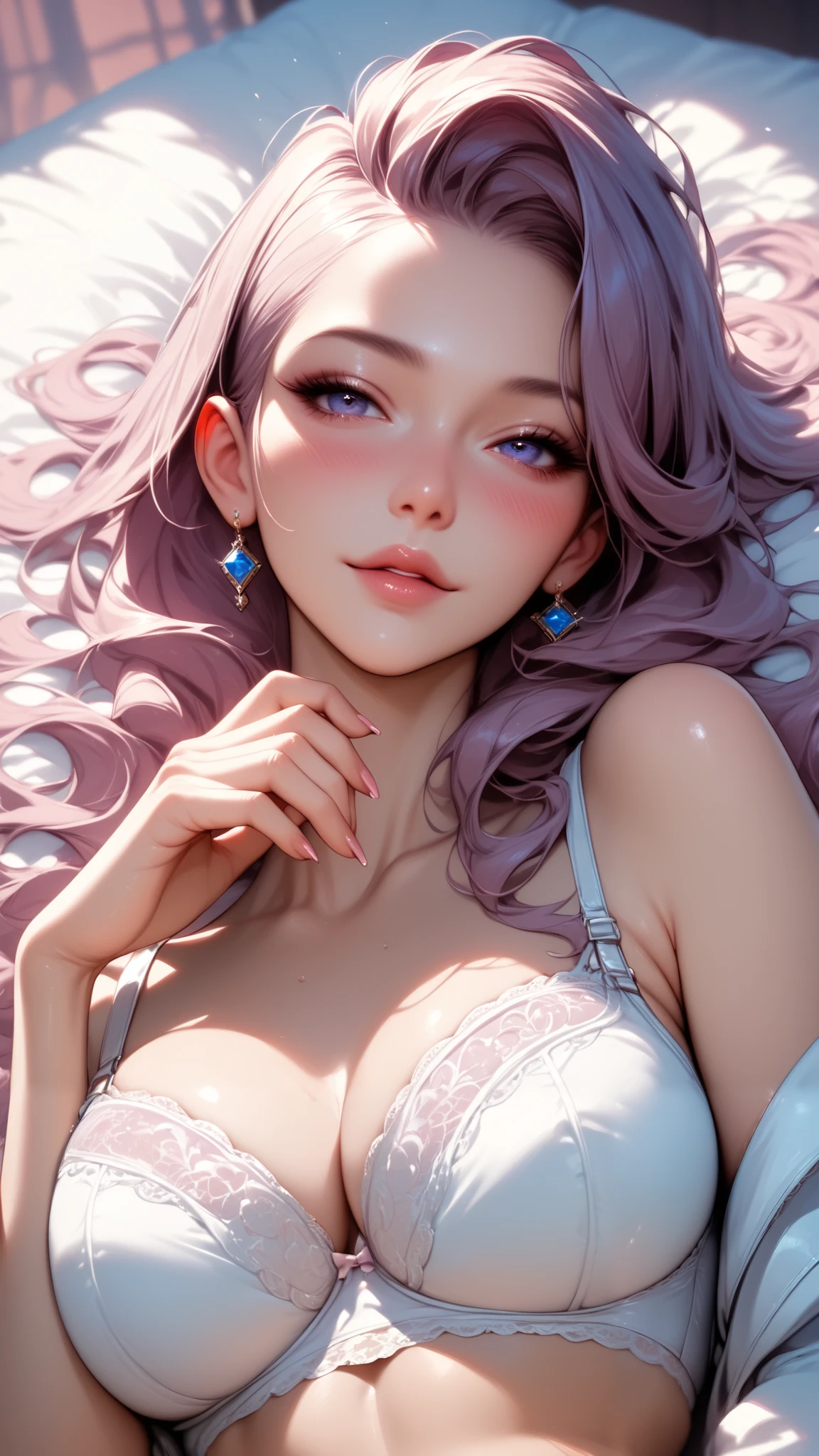 Sexy girl with a blush face and a perfectly toned figure, wearing only a seductive lace bra, lying on her stomach, her head turned to look over her shoulder, showcasing her curves and inviting the viewer to explore further. Add a touch of dishevelment to her hair and a playful glint to her eyes