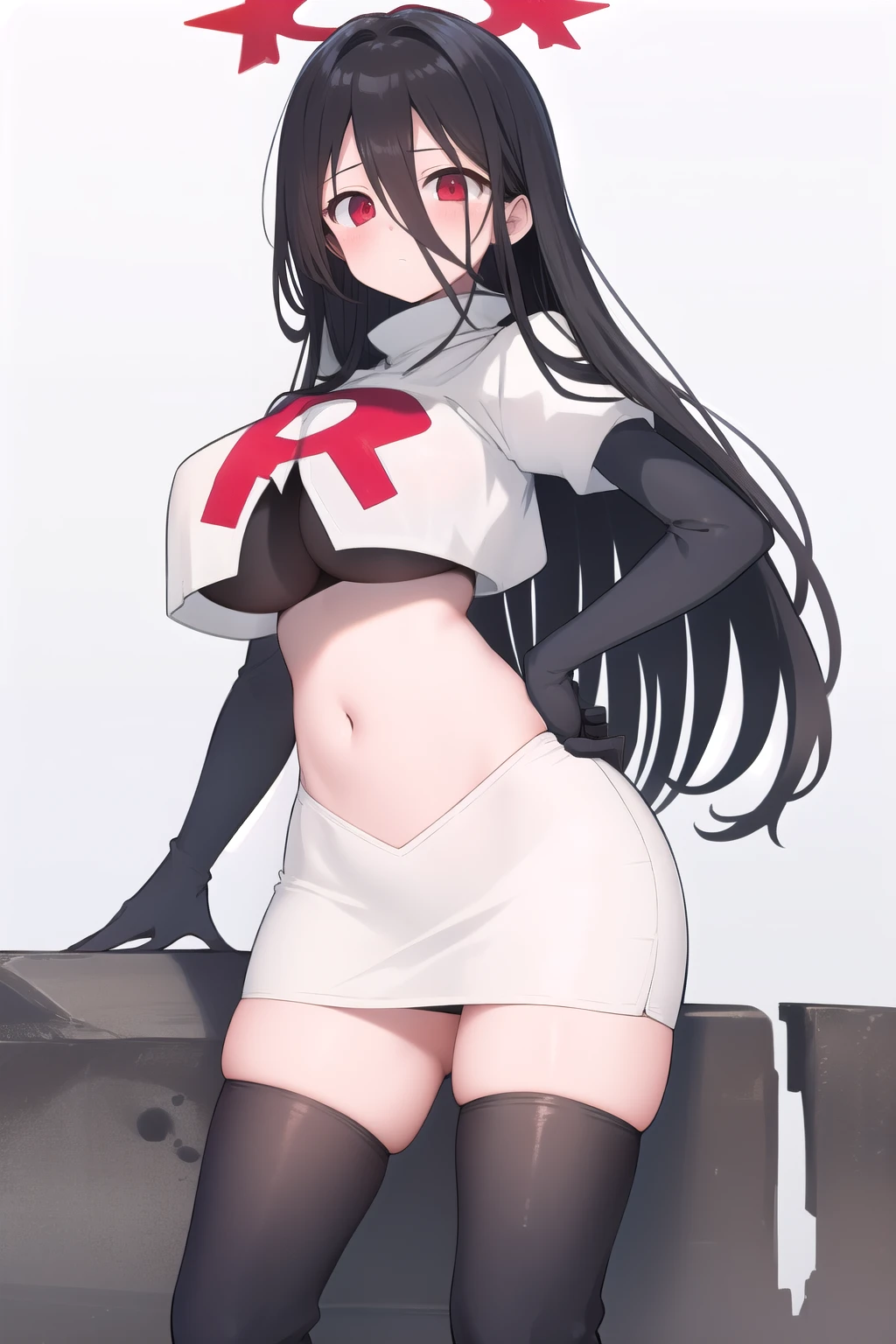 (masterpiece, best quality:1.2),illustration,8k,hd,1girl,solo,black_hair,long_hair,red_eyes,large_breasts,hair_between_eyes,headgear,navel,team rocket,team rocket uniform,white skirt,crop top,black thigh-highs,black elbow gloves,