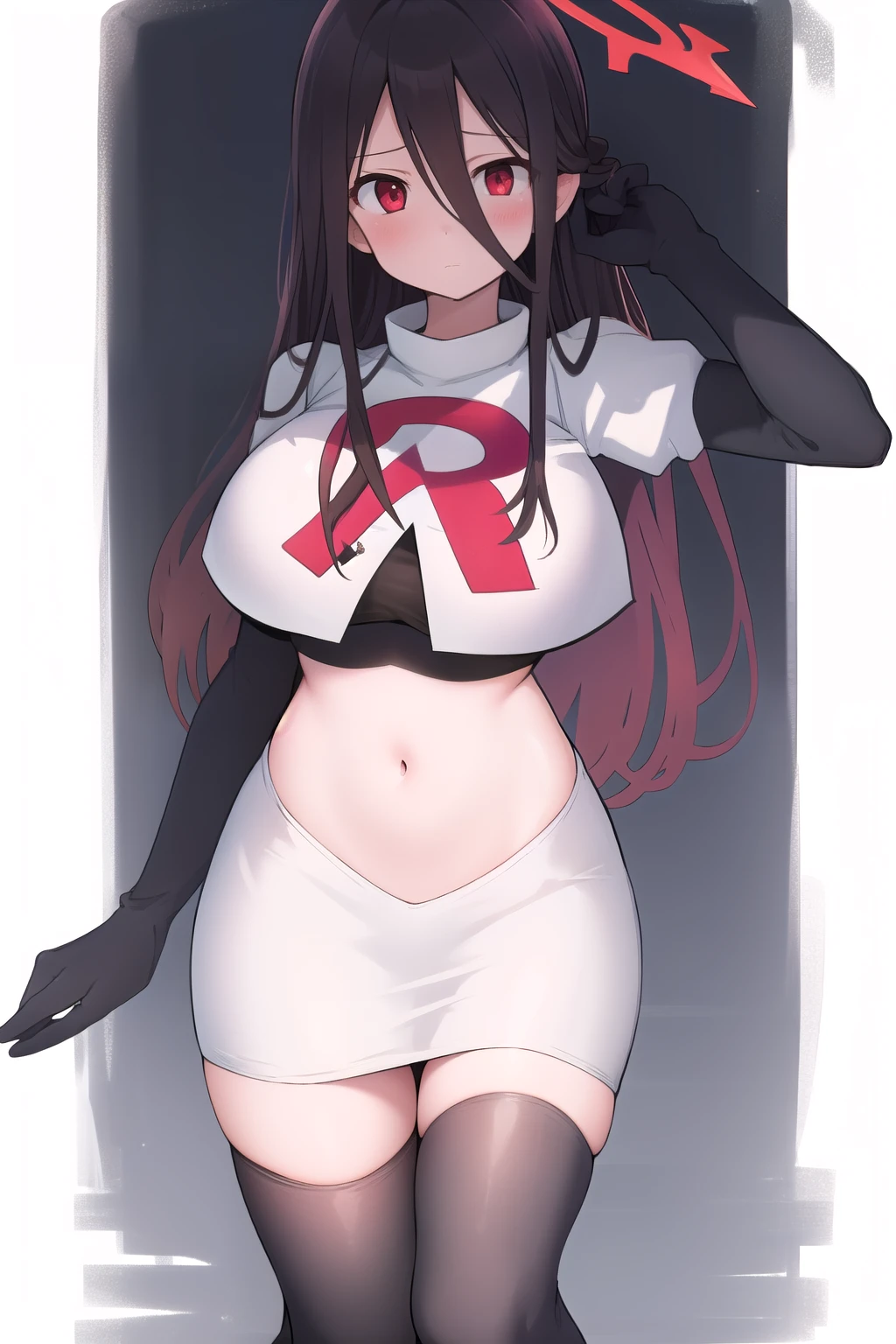 masterpiece, detailed, high quality, absurdres, sadako, (hair over eyes), pale skin, blush, large breasts, curvy, navel, stomach, groin, team rocket,team rocket uniform,white skirt,red letter R,crop top,black thigh-highs,black elbow gloves, cowboy shot,