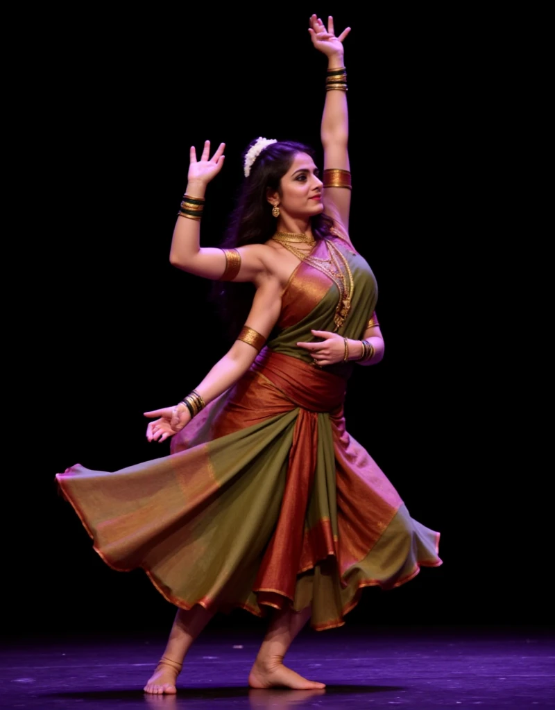 dslr photo, photograph, nikon, solo, 1girl, pretty woman, a four-armed young dancer woman is performing a traditional indian dance, she is wearing a sleeveless sari and has her skirt pulled up to show her bare feet, she is dancing on a dark stage with a spotlight shining on her, (pretty indian woman), (zoomed out), full body view, the four-armed woman has her top arms raised high and her bottom arms are forming a pose, her long wavy hair is flowing behind her, (wide shoulders), (woman with four arms), (four arms), (four shoulders), (two legs), (sleeveless), (bare shoulders)