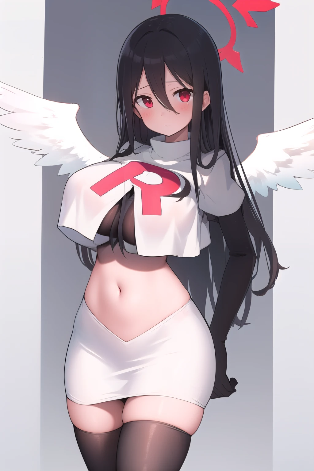 official art,anime,tsurugidef, blush,simple background,moody lighting, facing viewer,BREAK
blush, closed mouth, team rocket,team rocket uniform,white skirt,red letter R,crop top,black thigh-highs,black elbow gloves,wavy mouth,constricted eyes, constricted pupils,,
blunt bangs