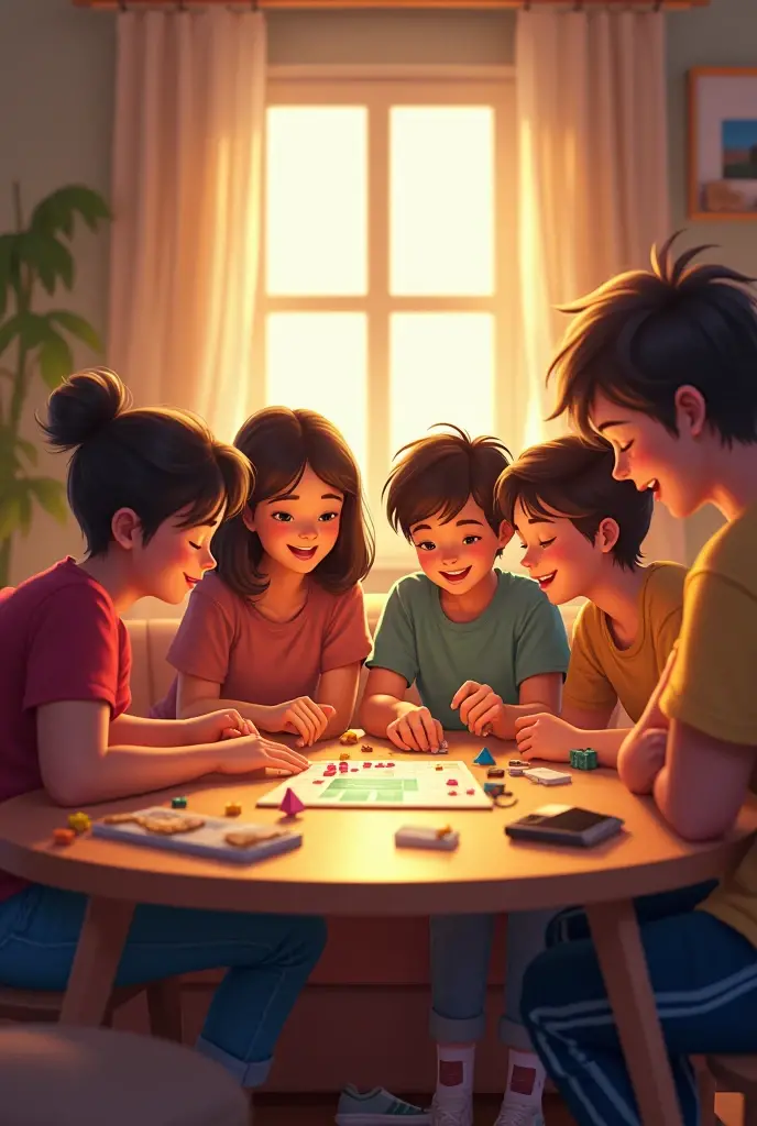 A family gathered around a table, deeply engrossed in a board game. Laughter spills across the room as a mischievous child tries to cheat, bringing a playful reprimand from a loving parent.