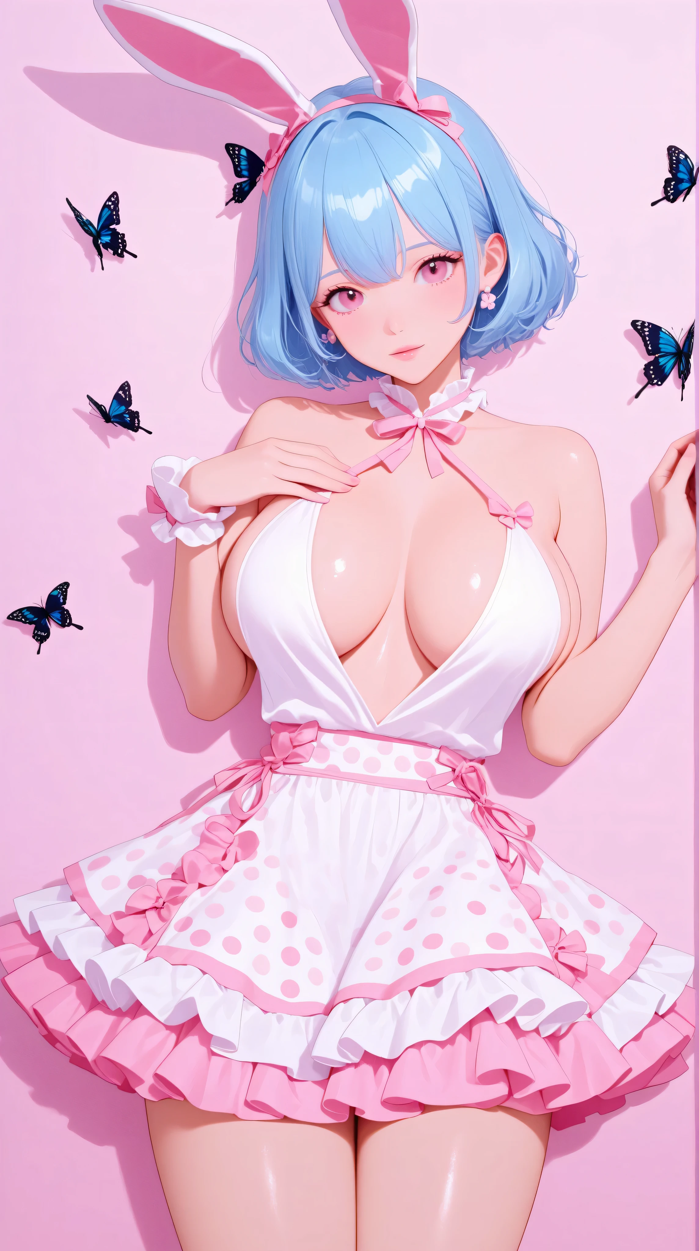 A girl, Tiffany blue hair, Tiffany blue hair, Short hair, (rabbit ears: 1.2), full bodyesbian, (Exquisite features: 1.5), Put on fantastic clothes, Surrealist frilled skirt, The color of the dress is Tiffany blue and pink gradient, There are pink marshmallows around, Dance on pink dotted with black butterflies, The overall ambient color is Tiffany, style of surrealism, artistic photograph, in wonderland, Tiffany's dream, Soft dreams, Transparent light, high-definition photography,Kizi,Highly detailed, Amazing work,Vitreous luster,((clean backdrop)),In yellow,(((pink colors))),orange color,Best quality at best,clean backdrop, plunging neckline, shiny skin, big breasts, cleavage,