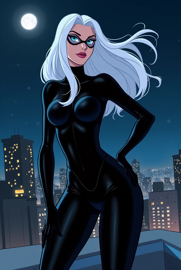 comic cover, gata negra, black cat, felicia hardy, with her mask, action pose, sexy pose, white hair, blue eyes, long hair, sexy body, curves, yusuke murata syle. Ilya Kuvshinov syle, anime art style, rosto bonito,