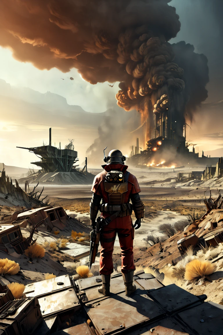  Game "Fallout New Vegas",1men athletic wearing a post apocalyptic suit, red colored suit and black stripes on his arms. Post apocalyptic scenario, desolate atmosphere, dystopian landscape, weapon,  badland landsacpe wilderness, (Masterpiece, Best Quality, professional, perfect composition, very aesthetic, absurdities, ultra detailed, intricate details:1.3), In a post-apocalyptic and retro-futuristic world in the mid-22nd century, nine decades after a nuclear war, The entire world was hit by multiple nuclear attacks, and the world and its entire ecosystem was irrevocably changed for centuries to come. Fallout takes as its sources the science fiction and superhero magazines and comics of the 1950s.