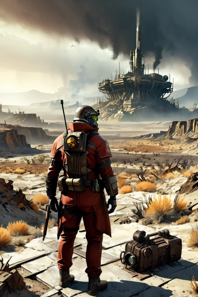  Game "Fallout New Vegas",1men athletic wearing a post apocalyptic suit, red colored suit and black stripes on his arms. Post apocalyptic scenario, desolate atmosphere, dystopian landscape, weapon,  badland landsacpe wilderness, (Masterpiece, Best Quality, professional, perfect composition, very aesthetic, absurdities, ultra detailed, intricate details:1.3), In a post-apocalyptic and retro-futuristic world in the mid-22nd century, nine decades after a nuclear war, The entire world was hit by multiple nuclear attacks, and the world and its entire ecosystem was irrevocably changed for centuries to come. Fallout takes as its sources the science fiction and superhero magazines and comics of the 1950s.