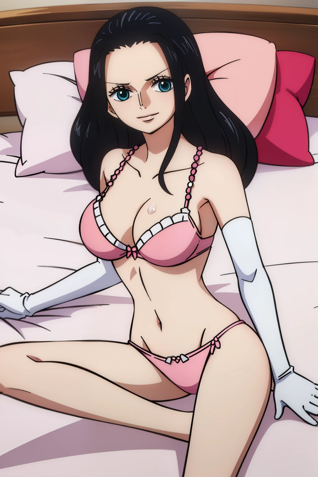 nicorob, slicked back hair, long hair ,glossy lips, light makeup,white gloves ,long white elbow gloves, red bra, pink panties,smile, laying on bed, full body