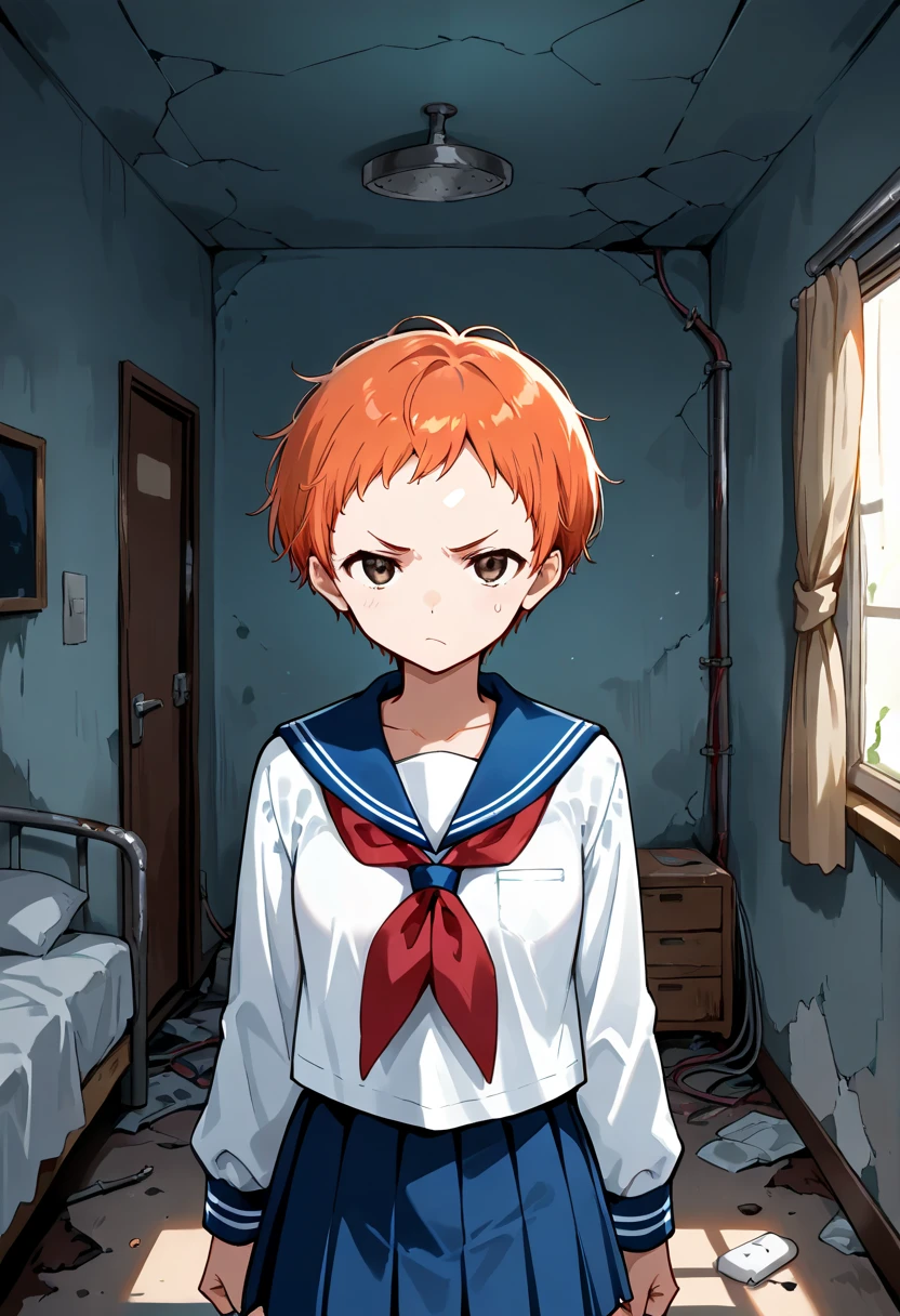  sailor suit,  Long Sleeve ,  short pleated skirt ,  RED NECKERCHIEF ,  Abandoned Bedroom,  orange hair, Girl with very short hair, short bangs, (Short girl), small breasts, messy hair, angry