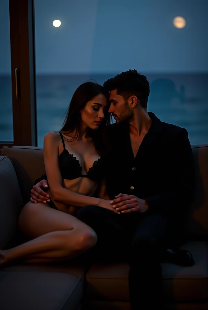 A heterosexual couple staying in a luxurious apartment, behind the window with a beautiful view of the city of Campina Grande at night, at Açude Velho. The man is tall, magro, tem cabelos preto e grande, ondulados e veste camisa preta. The woman is a redhead, usa vestido tomara que caia preto, tem sardas e olhos azuis. He holds the woman's waist about to kiss her intensely, as she wraps the man with her arms around his neck. The man is taking off her dress while she tries to take off the man's shirt.