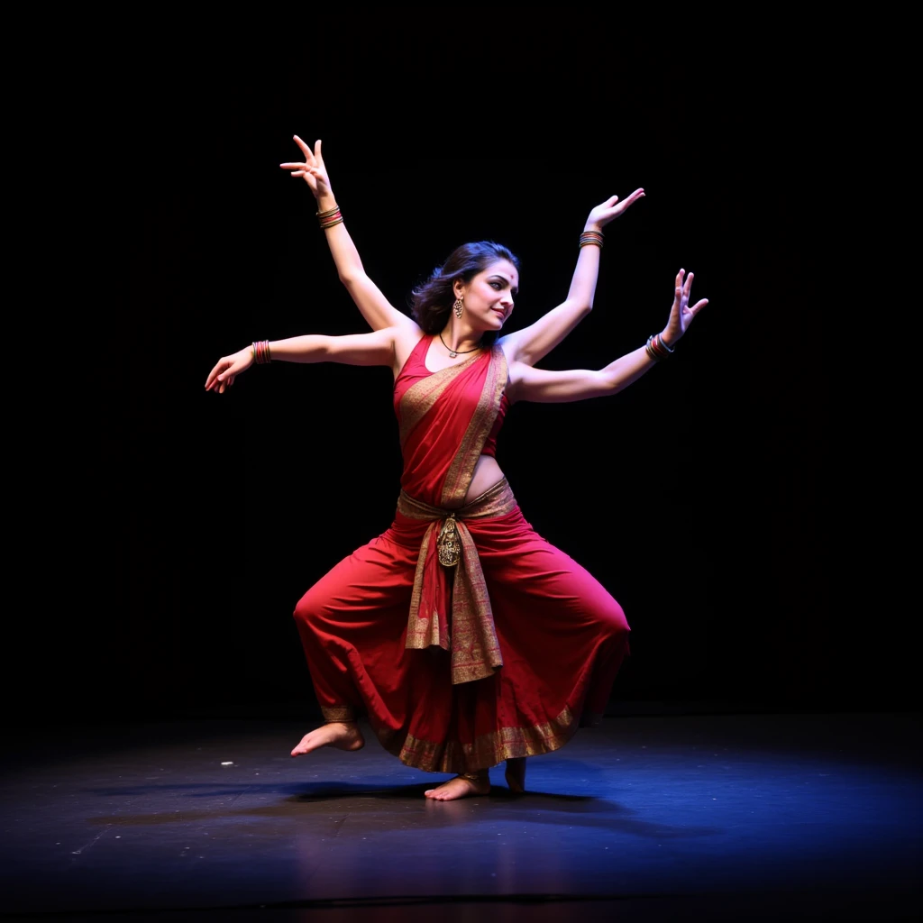 dslr photo, photograph, nikon, solo, 1girl, pretty woman, a four-armed young dancer woman is performing a traditional indian dance, she is wearing a sleeveless sari and has her short skirt pulled up to show her bare feet, she is dancing on a dark stage with a spotlight shining on her, (pretty indian woman), (zoomed out), full body view, the four-armed woman has her top arms raised high and her bottom arms are forming a pose, her long wavy hair is flowing behind her, (wide shoulders), (woman with four arms), (four arms), (four shoulders), (two legs), (sleeveless), (bare shoulders)