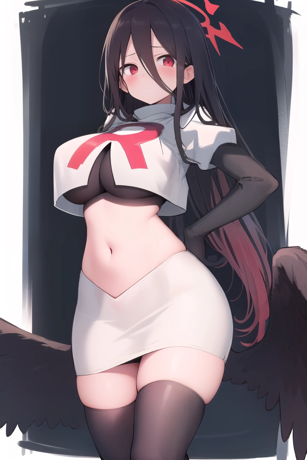 (masterpiece, best quality:1.2),illustration,8k,hd,1girl,solo,(portrait:1.2),pink_eyes,large_breasts,long_hair,hair_ornament,purple_eyes,multicolored_hair,white_hair,butterfly_hair_ornament,zettai_ryouiki,black_hair,bangs,hair_between_eyes,long team rocket,team rocket uniform,white skirt,red letter R,crop top,black thigh-highs,black elbow gloves