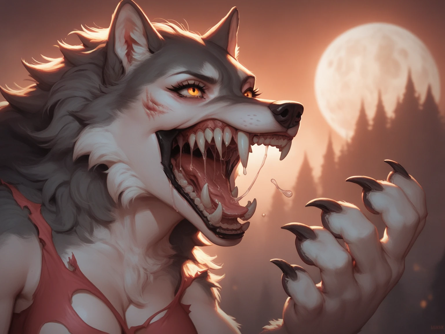 zPDXL, (score_9, score_8_up, score_7_up:1.1), art, concept art, digital painting, source_anime, dark, BREAK 
medium shot body, 1boy, (werewolf:1.2), metamorphism, human face, fangs, male, 45 years old, hairy, ripping clothes, bulking, increasing size, transforming, pieces, (large s3t on:1.3) [armpit:0.1], shirt with sweat, hairy bushy fur-chest, claws, scary eyes, details, blood, swirl movement, howling, intricate, high resolution, Masterpiece, front view, BREAK
Forrest background, deep dark greens, big moon, moonlight, detailed
<lora:Pony_QualityV4.0:0.75> <lora:Smooth Style 2 SDXL_LoRA_Pony Diffusion V6 XL:0.8>  <lora:Sweaty_shirt_PONY_Anime_v1-20-BM1-Rescale:1>