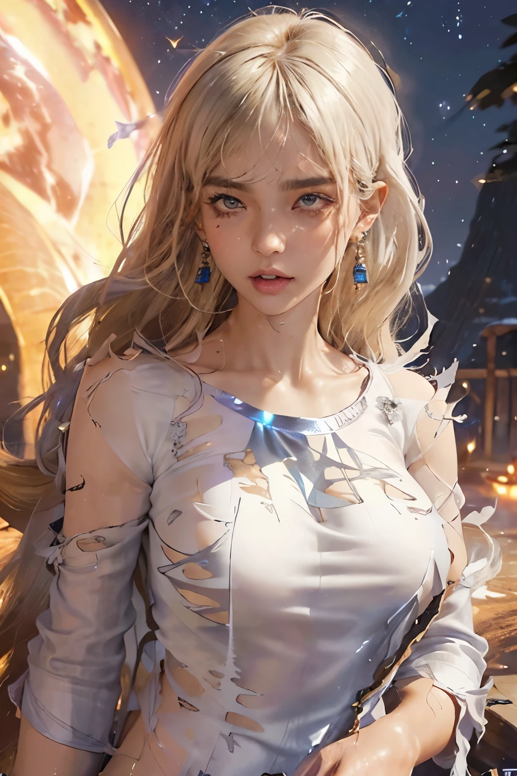 top quality 、 extraordinary beauty、Sparkling 、 enjoy the flow of the tide 、 muscular、logic、((( real skin texture deep into the night)))、 slimy、 Sparkling 、(((Sparkling oiled skin)))、(( gal))、(( tanned skin ))、(((Big Breasts)))、(((spastic state )))、 blondes、( earrings for women with first name)、( high school girl)、((( white blouse))),((torn clothes:1.5)),