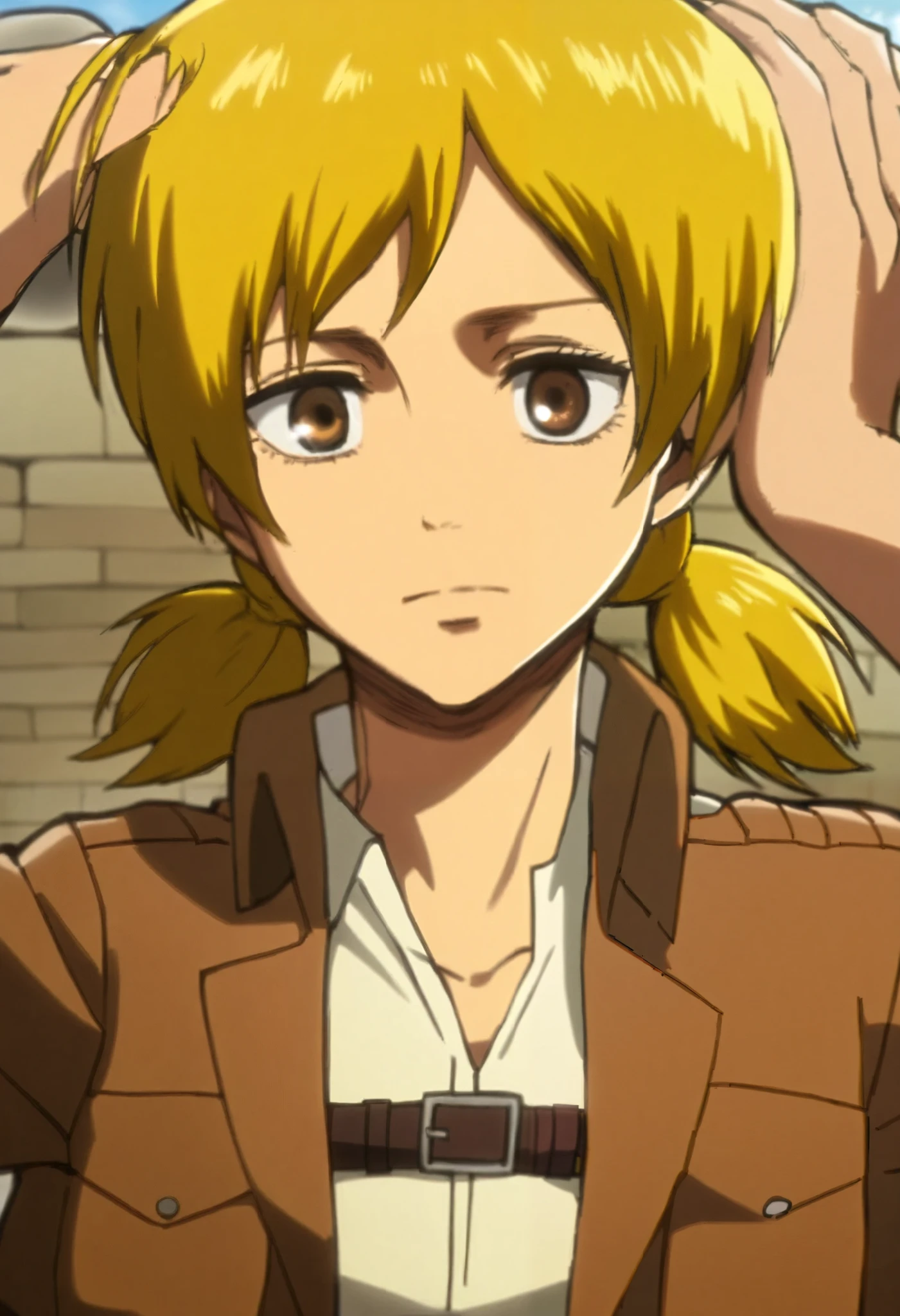  masterpiece fails,  top quality , , ,  looks at the viewer , ,  1girl,  brown eye , brown eyes , yellow hair ,  golden hair,  short hair braided in two ponytails at the back of the head,  hair ponytails , shingeki _No_Kyojin _ style ,