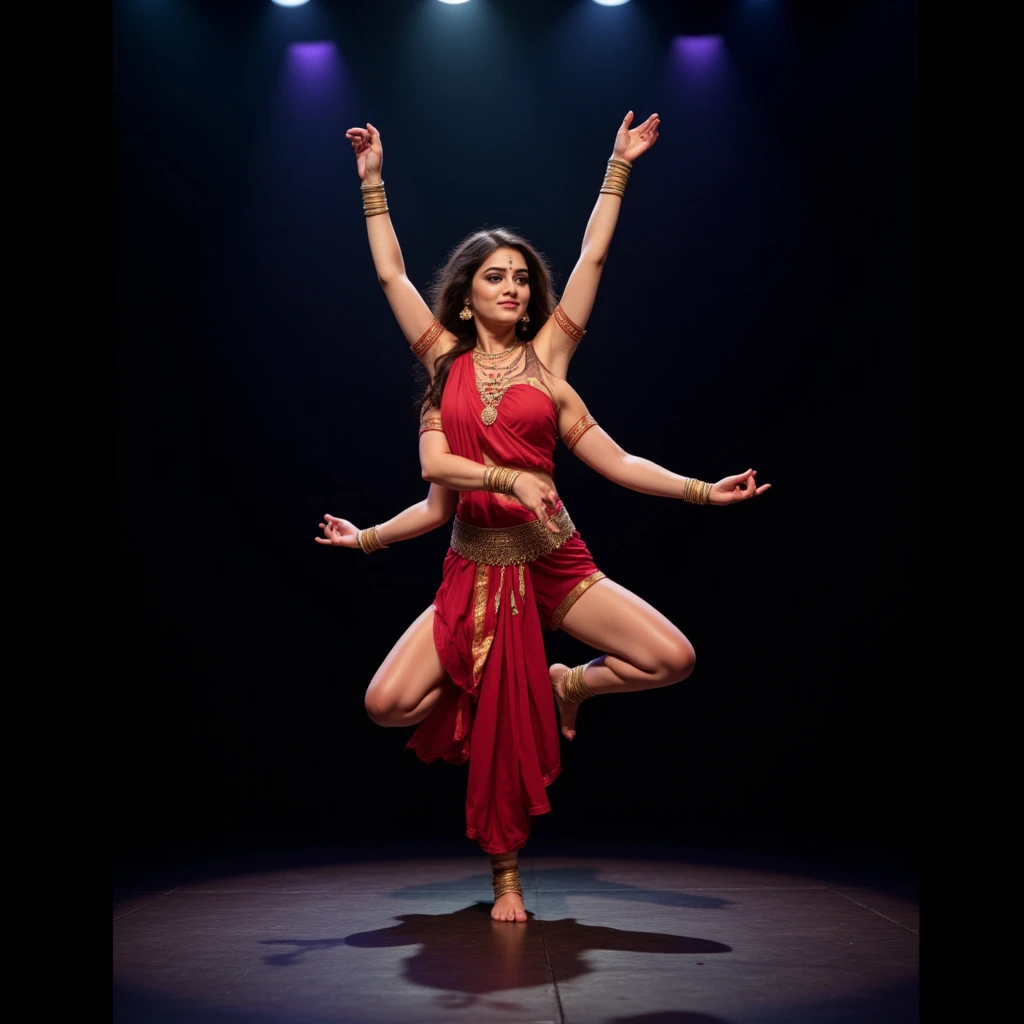 dslr photo, photograph, nikon, solo, 1girl, pretty woman, a four-armed young dancer woman is performing a traditional indian dance, she is wearing a sleeveless revealing and sexy sari and has her short skirt pulled up to show her bare feet, she is dancing on a dark stage with a spotlight shining on her, (pretty indian woman), (zoomed out), full body view, the four-armed woman has her top arms raised high and her bottom arms are forming a pose, her long wavy hair is flowing behind her, (wide shoulders), (woman with four arms), (four arms), (four shoulders), (two legs), (sleeveless), (bare shoulders)