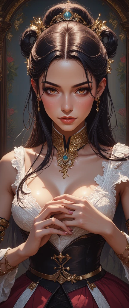 Are you okay、(Best illustrations)、8K UHD resolution、Intricate details、Highest quality、Realistic、Ultra-detailed、Best lighting、Best Shadow、Soft lighting、ultrahd、Ultra-realistic、Tyndall effect、Photorealistic、(High Definition Skins:1.2)、 (Intricate details, compensate, Pure Eros Face_v1:0.5), (Beautiful and delicate face down to the last detail, Beautiful and delicate eyes, Perfectly balanced face, Skin with attention to detail, Detailed skin, The optimal ratio is four fingers to one thumb, Arms under chest, Red glowing tattoo under the stomach、Wow wow, Wide Hips, Smooth abdomen, Skinny and skinny, __fashion__, __hair__:1.25)、Digital SLR、 Absurd、1 beautiful demon woman from hell, Surreal Female Portraits by David Hockney and Alphonse Mucha, Portrait of a seductive woman、Fantasy art, Chinese Doll、Chinese actress、Dungeons、Dragon、Devil's Palace、Devil's Torture Chamber、night、Dark Style 、In the Dark、(Detailed spooky background:0.8), magic、 1 girl、Evil Nun、Dark Necromancer、Succubus、Devil's Daughter、Umi Shinonome、Bat Wings,(((Devil horns)))、 ((((Huge glasses, Nerd Glasses, Thick glasses, Round Glasses)))),(((Huge boobs)))、(Devil's Tail)、(Red eyes glow:1.6)、The red eye makeup is very sharp and detailed, The eyes are nicely made up, ((Red Eye:1.0)),Intricate tattoos, demonic Intricate tattoos, Thigh Tattoo, Body tattoos, masterpiece、The most beautiful face、Baby Face、Cute Smile、Beautiful plump red lips、Muscular and attractive body、The devil's seductive body、demons style、Fascinating Black Magic Costume、(((A shiny red snake coils around her body.)))、The long-haired、Braid、Black hair、Ponytail Distortion、, Ponytail with a bow tied at the back of the hair, Beautiful expression、Body Up、big breasts attention、bust, Super tight chest, Breast Augmentation Surgery, Her breasts are very big and round,Tight waist、Wide ass、 Low Key, Cowboy Lens, (Red Phoenix Dress: 1.0), Devil's Crown, Red shiny gemstone necklace、Jewelry Gwise, Wearing black mesh socks,Dressed in a light red and black robe, Hands pulling the straps to expose sexy breasts, Close-up of the main character, Hmph, Hmph, Meet beautiful girls, Look at the girl's body,Emphasize large breasts、