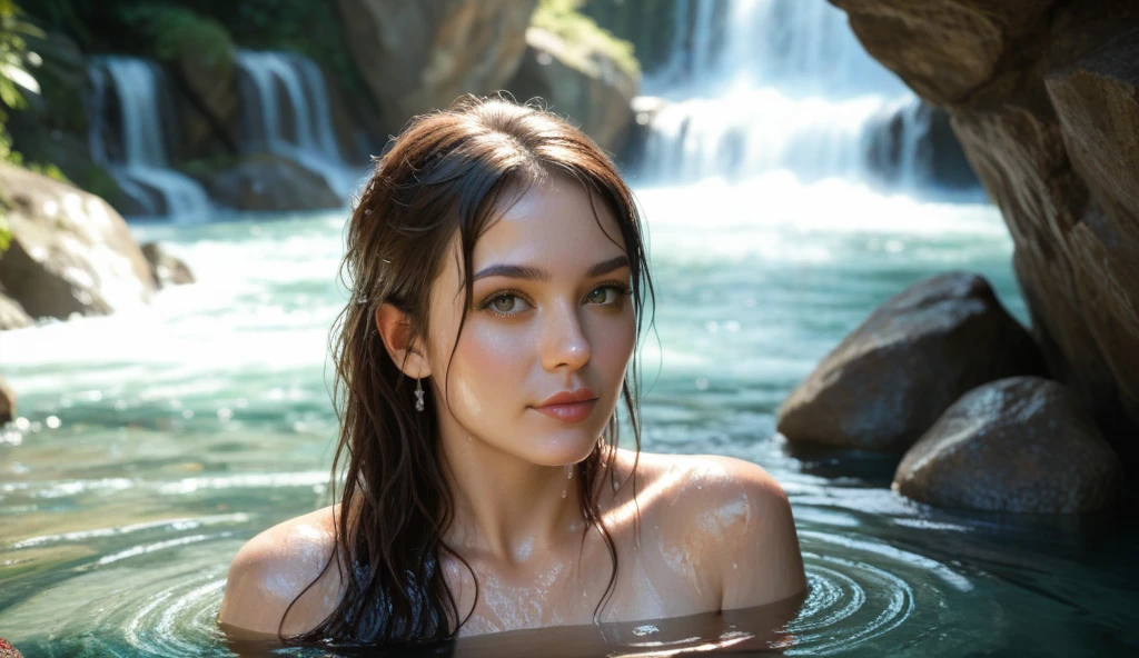 of flowing hair, delicate earrings, and a stunning necklace. The girl is sitting on a rock in the middle of a crystal clear pool, surrounded by lush greenery and vibrant flowers. Sunlight filters through the leaves, casting a warm and ethereal glow on her flawless skin. The water ripples gently around her, creating a mesmerizing refraction of light. The overall image is of high quality, with vivid colors and lifelike details that showcase the beauty and radiance of the girl. The style leans towards a mix of a portrait and a fantasy artwork, with a focus on realism and capturing the essence of nature. The color palette is vibrant and warm, with a balance of cool and warm tones to create a visually appealing composition. The lighting is soft and natural, emphasizing the girl's features and creating a serene and dreamlike atmosphere.