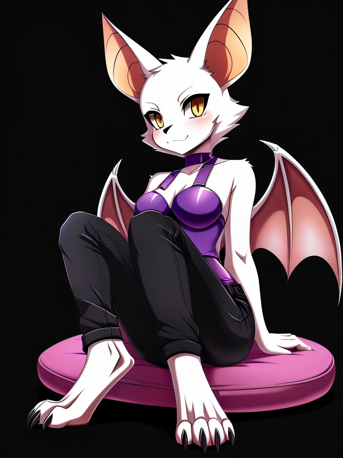 SFW version, beautiful anime drawing, ((Sitting on something)), ((looking to the side)), solo drawing, full body picture, Anthro bat character, ((tall character)), ((Fit figure)), ((white skin)), clawed hands, clawed feet, ((huge bat wings)), ((Purple Bat Wings)), ((white bat ears)), ((wearing loose black pants)), ((wearing a black halter)), ((white face)), neutral expression, perfect eyes, yellow eyes, ((digitigrade legs)), ((digitigrade feet)), solid black background, highly detailed anime style, clean lines, beautiful demoness, female demon, gorgeous demon girl, attractive bat girl, ((hourglass figure)), short furry muzzle, furry cheeks