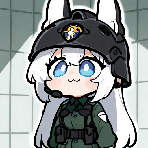 1 girl, with this facial expression  :3, chibi,  long white hair ,  blue eyes , in a green special forces uniform ,  armour with tiles and a walkie-talkie ,  on his head, a tactical black helmet with white ears attached to it, , tactical glasses are written on the helmet 