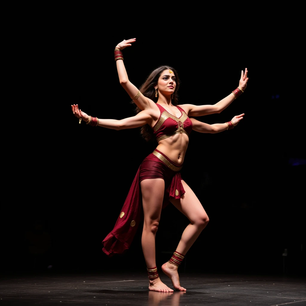 dslr photo, photograph, nikon, solo, 1girl, pretty woman, a four-armed young dancer woman is performing a traditional indian dance, she is wearing a sleeveless revealing and sexy sari and has her short skirt pulled up to show her bare feet, she is dancing on a dark stage with a spotlight shining on her, (pretty indian woman), (zoomed out), full body view, the four-armed woman has her top arms raised high and her bottom arms are forming a pose, her long wavy hair is flowing behind her, (wide shoulders), (woman with four arms), (four arms), (four shoulders), (two legs), (sleeveless), (bare shoulders)