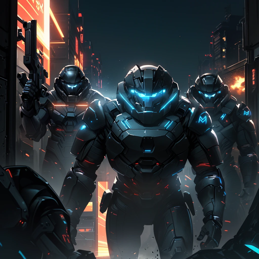 a close up of a poster of a group of people in armor, menacing. unreal 5, cybersuits, hq 4k phone wallpaper, phone wallpaper, dark scifi, odst, dark futuristic, mobile wallpaper, from pacific rim, mjolnir armor from halo infinite, cybersuit, diverse cybersuits, streamlined matte black armor, dark. no text